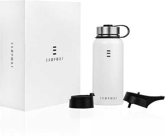 Stainless Steel Water Bottle - 32 Oz Water Bottle with Straw Lid, Coffee Lid, and Wide Mouth Lid - Double Insulated Water Bottle - Metal Water Bottle - Hot and Cold Insulated Thermos - (White)