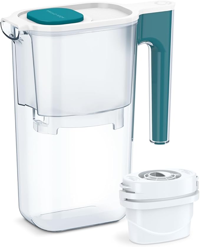 Perfect Pour Small 6 Cup Water Filter Pitcher by Aqua Optima, Reduces Microplastics, Ergonomic, Eliminates Splashes and Spills, BPA Free, NSF Certified, Includes 3 Evolve+ Water Filters, Blue