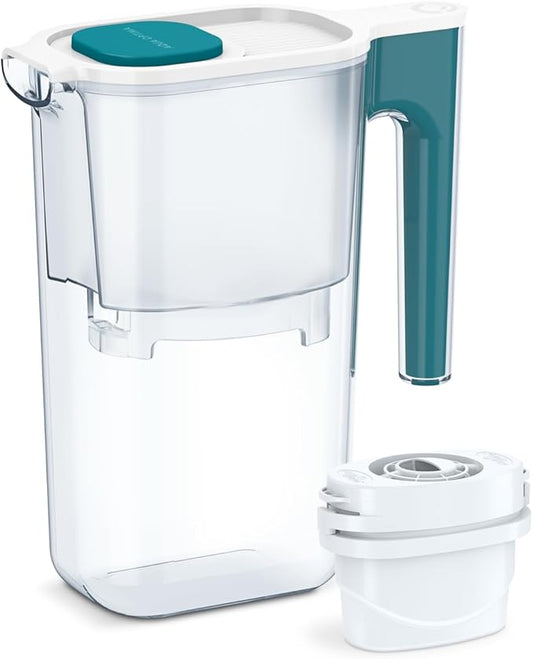 Perfect Pour Small 6 Cup Water Filter Pitcher by Aqua Optima, Reduces Microplastics, Ergonomic, Eliminates Splashes and Spills, BPA Free, NSF Certified, Includes 3 Evolve+ Water Filters, Blue