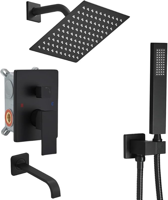 Matte Black Shower Faucet Set with Tub Spout Bathroom Rainfall 8 Inch Shower Head System with Handheld Single Handle Shower Trim Kit with Rough-in Valve