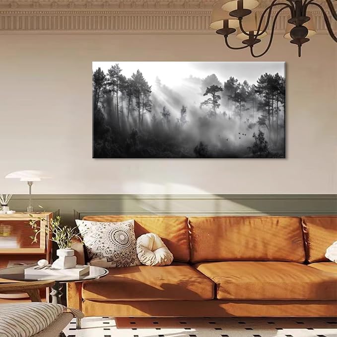 LASMOND Black and White Forest Wall Art for Living Room Modern Canvas Prints Artwork Picture Paintings Bedroom Office Home Decor (40x20 Inches)