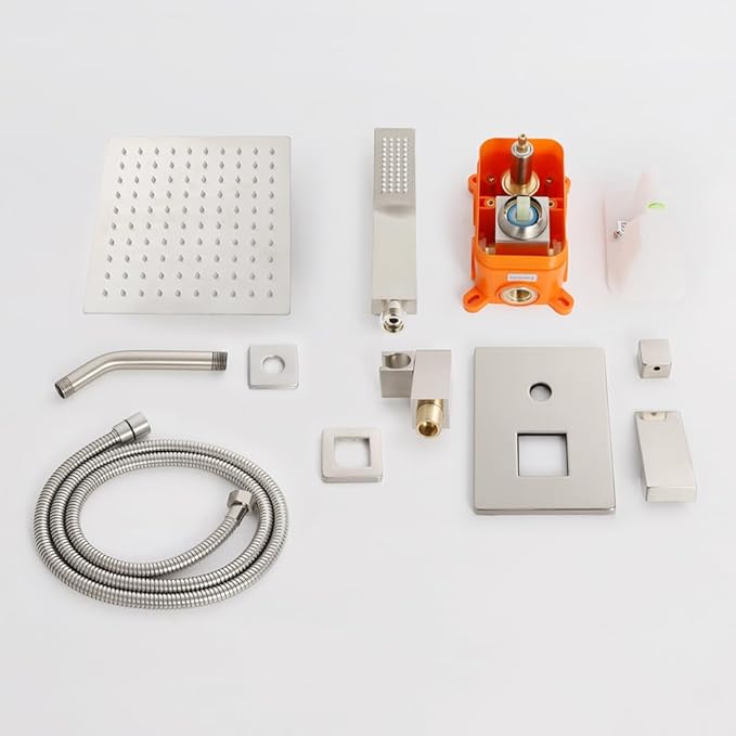 POP SANITARYWARE Shower System Brushed Nickel Bathroom Rainfall Shower Faucet Set Complete Wall Mounted 8 Inch Shower Head and Handle Set with Rough-in Valve Body and Trim Kit