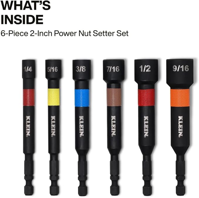 Klein Tools 32946S 4-Inch Power Nut Setters 6-Piece Set, Impact-Rated, Magnetic, Color-Coded, SAE