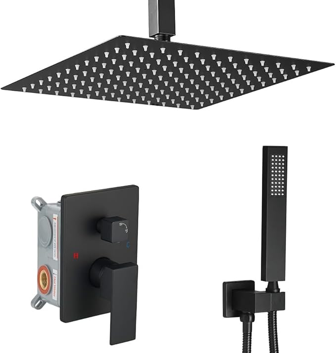 Matte Black Shower System Bathroom 16 Inch Rain Shower Head Ceiling Mount with Handheld Luxury High Pressure Shower Combo Set Shower Faucet Rough-in Valve Body and Trim Included