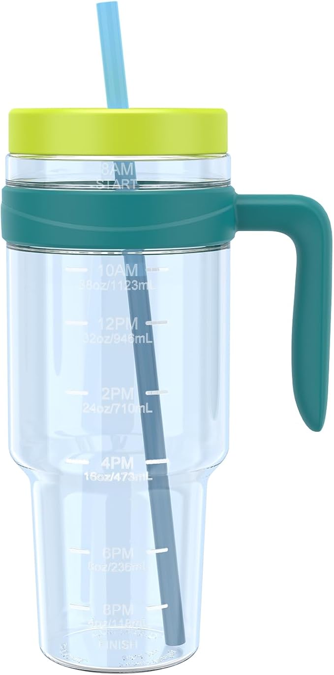 Tronco 50 oz Tritan Plastic Tumbler with Lid and Straw, BPA-Free Reusable Clear Water Bottle with Time Marker, 100% Leak Proof & Wide Mouth for Iced Coffee, Juice, Bubble Tea, Smoothies