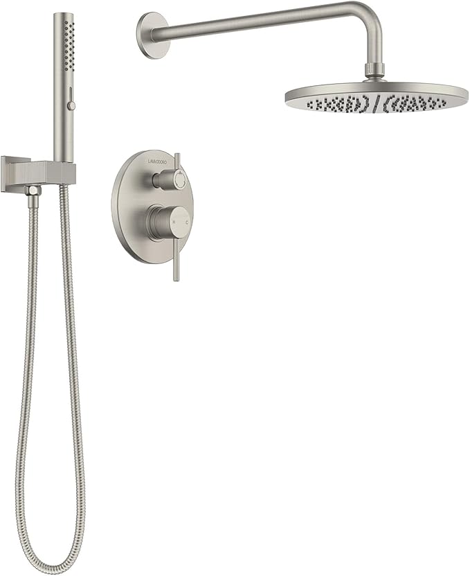 Lava Odoro Modern 2-Setting Round Rain Shower System, Brushed Nickel Rainfall Shower Faucet Set Rain Shower Head and Handle Set, Shower Valve Trim Kit,10 Inch, Brushed Stainless, SF104-BN