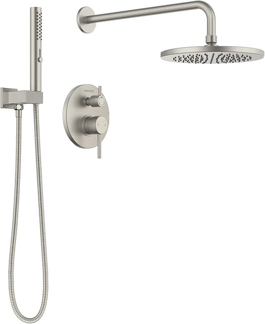 Lava Odoro Modern 2-Setting Round Rain Shower System, Brushed Nickel Rainfall Shower Faucet Set Rain Shower Head and Handle Set, Shower Valve Trim Kit,10 Inch, Brushed Stainless, SF104-BN