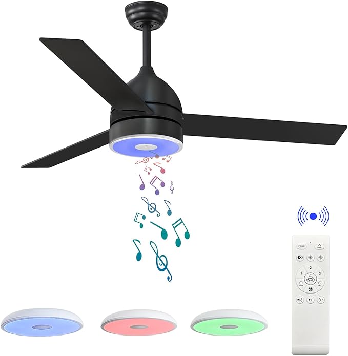 Black 52 Inch Ceiling Fan with RGB Dimming LED Light,with Music Bluetooth Speaker,with Remote Control,3-Speed Regulation, Reversible Motor,Timing,for Living Room,Bedroom,Restaurant