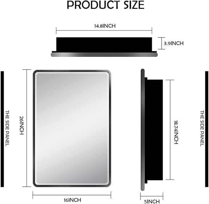 16×26inch Medicine Cabinet,Mirror Cabinet with Beveled Mirror,Solf Close Hinge,Brushed Metal Framed,Detachable Side Plate for Recess Mount or Surface Mount,Black