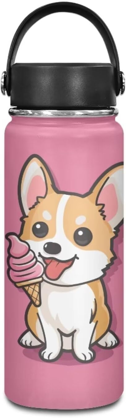 Corgi Insulated Water Bottle for Kids 18 Oz Vacuum Stainless Steel Water Bottle Reusable Travel Cup Gym Sports Wide Mouth Water Bottle