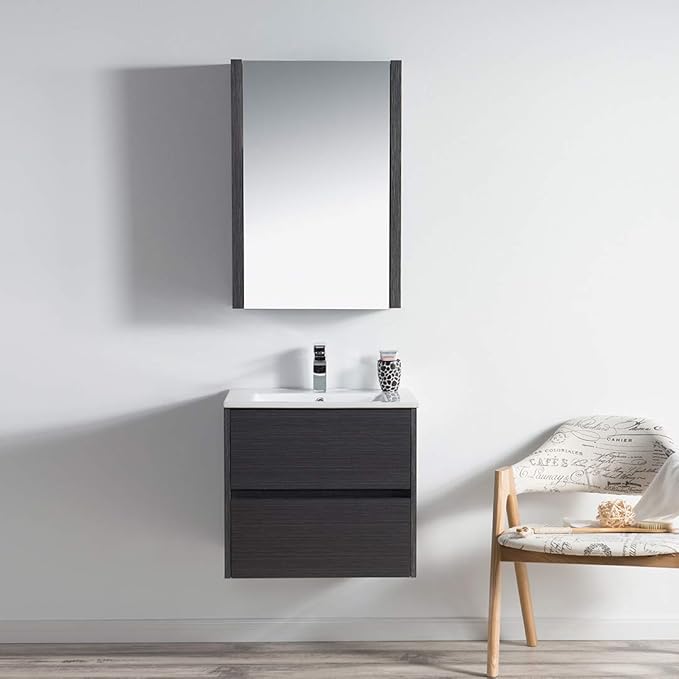 Blossom Single Bathroom Vanity with Ceramic Sink and Mirror Medicine Cabinet | All Wood Floating Vanity Cabinet | 2 Soft-Closing U-Shaped Cutout Drawers | 20 inch, Silver Grey