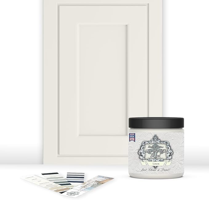 ALL-IN-ONE Paint, Durable cabinet and furniture paint. Built in primer and top coat, no sanding needed. Includes our 30 featured color card - Linen (off-white), 8oz Sample