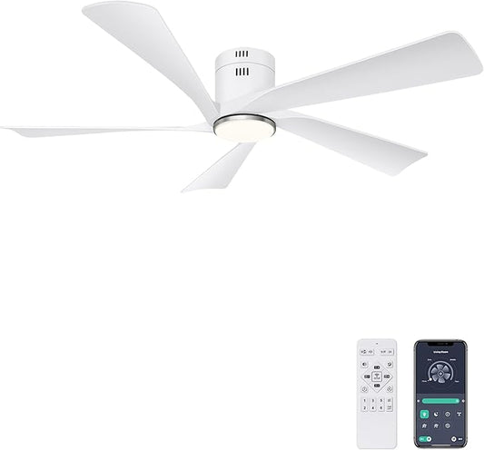 Ohniyou 52” Flush Mount Ceiling Fan with Lights, Remote & APP Control Low Profile Indoor Outdoor Ceiling Fans, Dimmable, Quiet DC Motor, Reversible, White