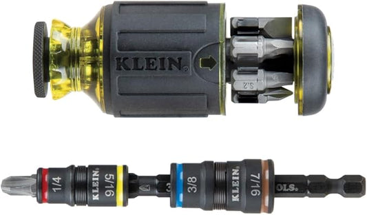 Klein Tools 32308HD Impact Driver Set, 12-in-1 Stubby Driver Set, 2 Hex Flip Sockets, 7 Bits, 1/4-Inch Deep Bit Holding Feature