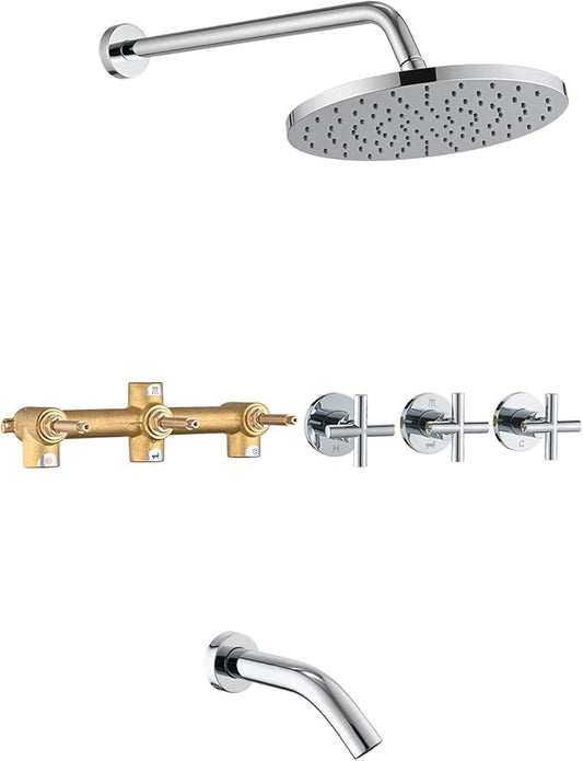 PROOX 3 Handle Tub Shower Faucet Set, 10" Rainfall Shower Head with Tub and Shower Trim Kit with Rough-in Valve, Polished Chrome Bathtub Shower Faucets, Wall Mounted Bathroom Rain Shower System