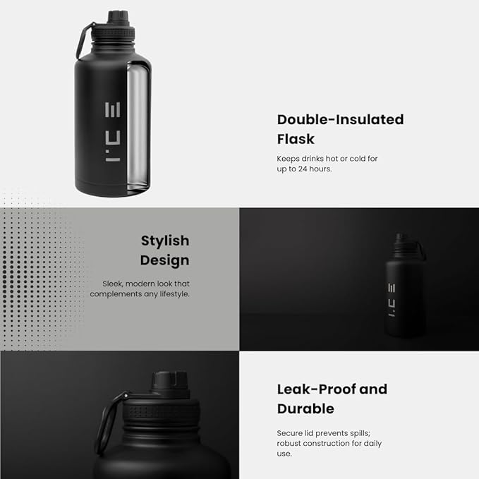 ICE Sports Water Bottle - Includes 3 Lids (1 Straw Lid) & 2 Straws - Leak proof Stainless Steel Gym & Sport Bottles for Men, Women & Kids - Double Walled, Insulated Thermos (White, 22 oz)