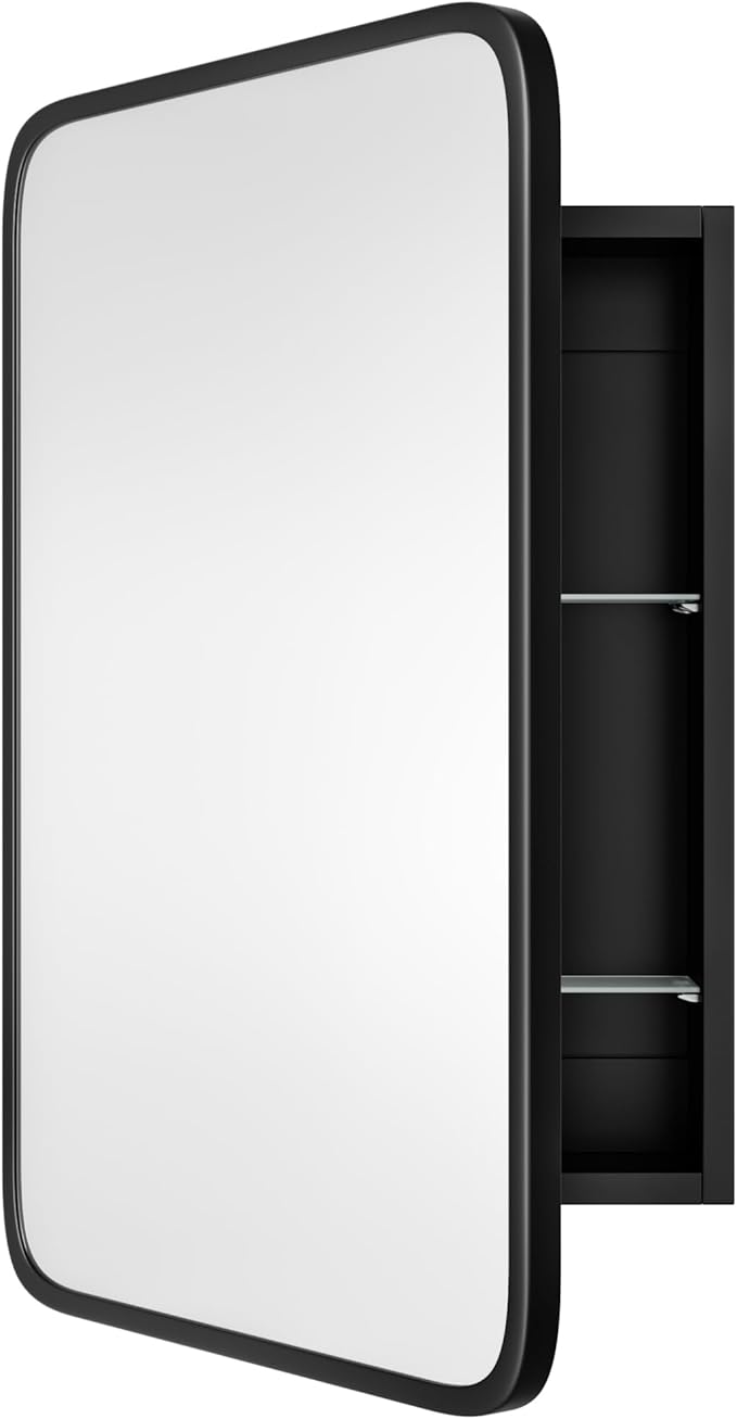 Vintage-Style Bathroom Wood Black Cabinet with 16.5''x24'' Black Metal Frame Curved Mirror, Recessed Medicine Cabinet, Bathroom Storage Cabinet