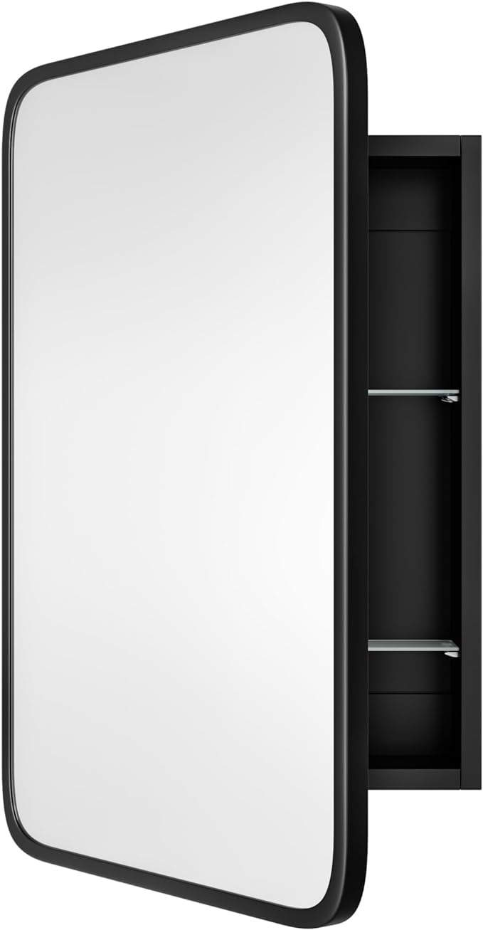 Vintage-Style Bathroom Wood Black Cabinet with 16.5''x24'' Black Metal Frame Curved Mirror, Recessed Medicine Cabinet, Bathroom Storage Cabinet