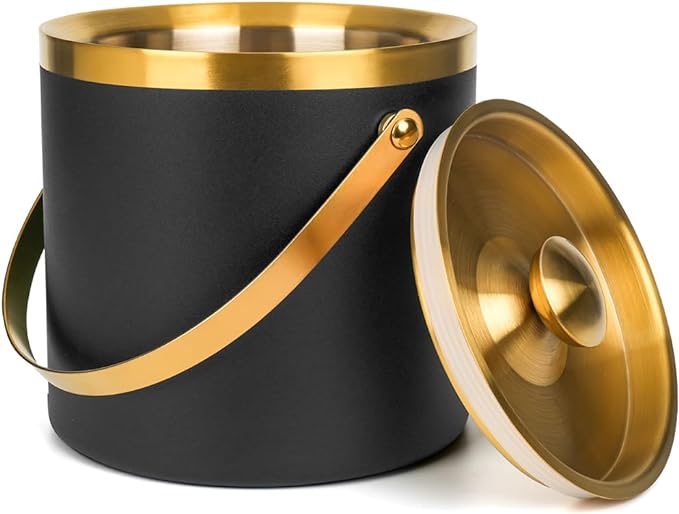 3L Double-Wall Insulated Stainless Steel Ice Bucket with scoop for Cocktail Bar - Metal Ice Bucket for freezer with Lid for parties,ice holder,champagne bucket,bar cart accessories (black)