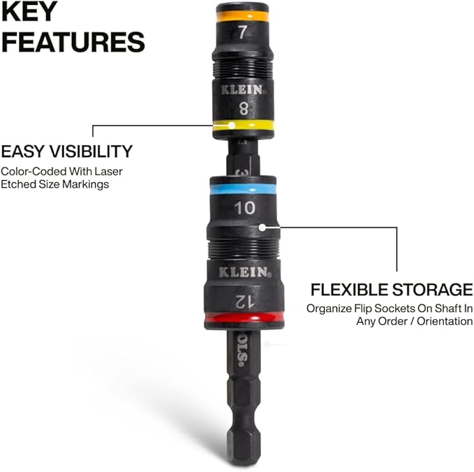 Klein Tools 32932M 4-in-1 Metric Impact Socket Set, 2 Flip Sockets with 4 Metric Hex Sizes, 7 mm, 8 mm, 10 mm, 12 mm, Impact Rated 3-1/2-Inch Shaft