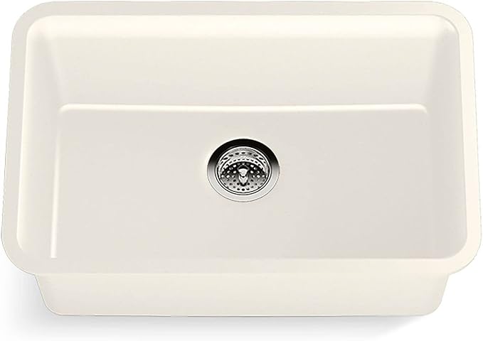 KOHLER K-28000-CM6 Cairn 27.5" Neoroc Composite Undermount Single-Bowl Kitchen Sink, Composite Kitchen Sink with Sink Rack, Matte White