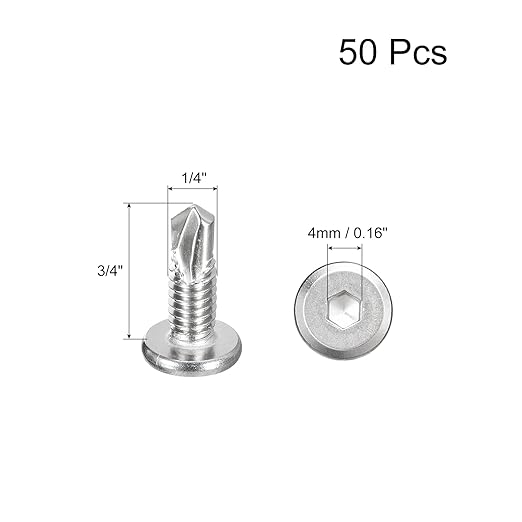 uxcell Hex Socket Self Tapping Screws, 1/4 x 3/4 410 Stainless Steel Sheet Metal Flat Head Drilling Screw 50pcs, Silver