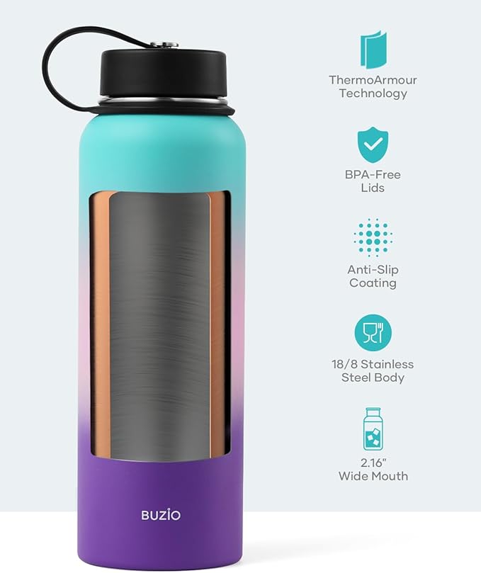 BUZIO 40oz Insulated Water Bottle, Stainless Steel Double Wall Water Flask (Cold for 48 Hrs) Leak Proof Sports Bottles Jug with Straw Lid and Flex Cap Metal Canteen for Gym Travel Camping, Hydrangea