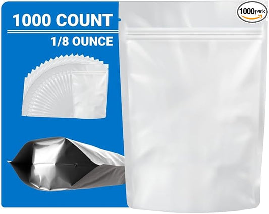 Mylar Bags Smell Proof 1/8 Ounce All White - 1000 Count 5.25 X 3.75 6mill Thickness - Packaging Bags - Mylar Bags For Food Storage - Resealable Bags - Smell Proof Bags
