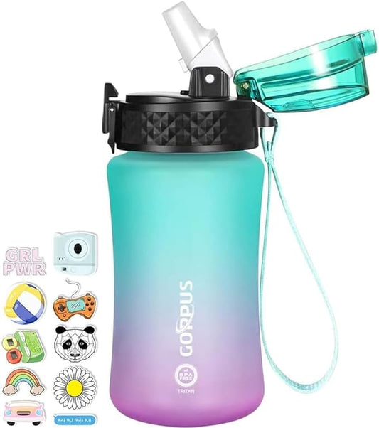 GOPPUS Kids Water Bottle with Straw Spout Lid 10pcs Stickers 12 oz Leak-proof BPA Free Motivational Time Marker Tritan Plastic Water Bottles for Girls Boys School Sports
