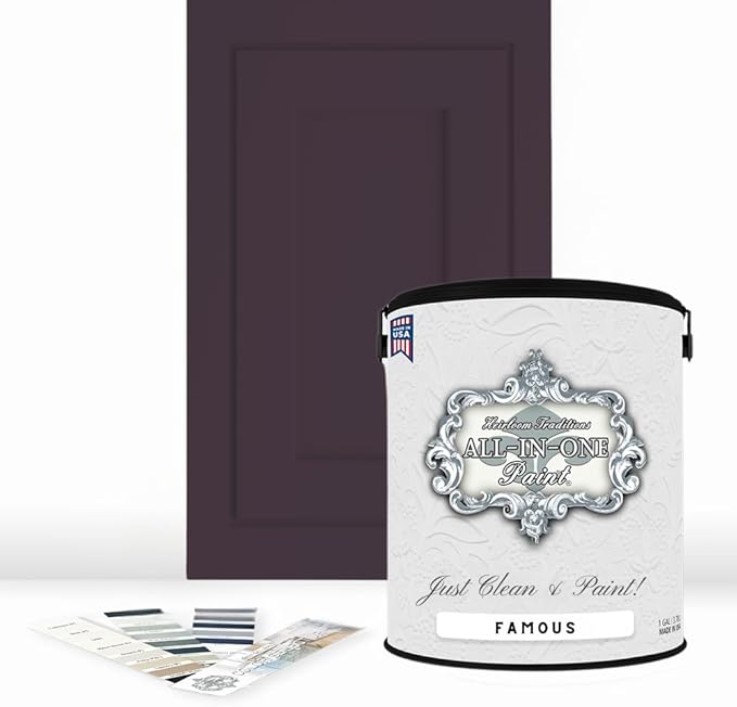 ALL-IN-ONE Paint, Durable cabinet and furniture paint. Built in primer and top coat, no sanding needed. Includes our 30 featured color card - Famous, Gallon