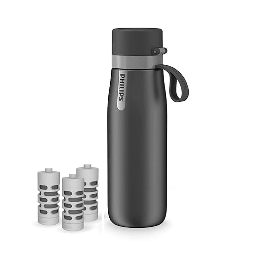 PHILIPS Insulated Stainless Steel Filtered Water Bottle with 3 Philips GoZero Everyday Tap Water Filters BPA Free Transform Tap Water into Healthy Tastier Water Keep Drink Hot/Cold, 18.6 oz, Grey