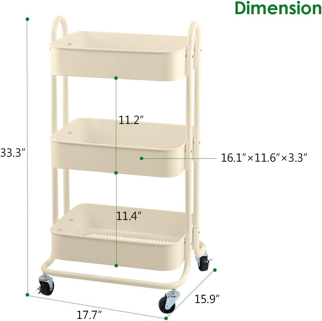 Melody House 3-Tier Metal Mesh Utility Rolling Cart Storage Organization Cart with Wheels, Beige