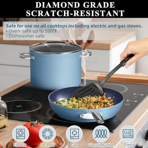 Nuwave Healthy Duralon Blue Ceramic Nonstick Cookware Set, Diamond Infused Scratch-Resistant, PFAS Free, Dishwasher & Oven Safe, Induction Ready & Evenly Heats, Tempered Glass Lids & Stay-Cool Handles