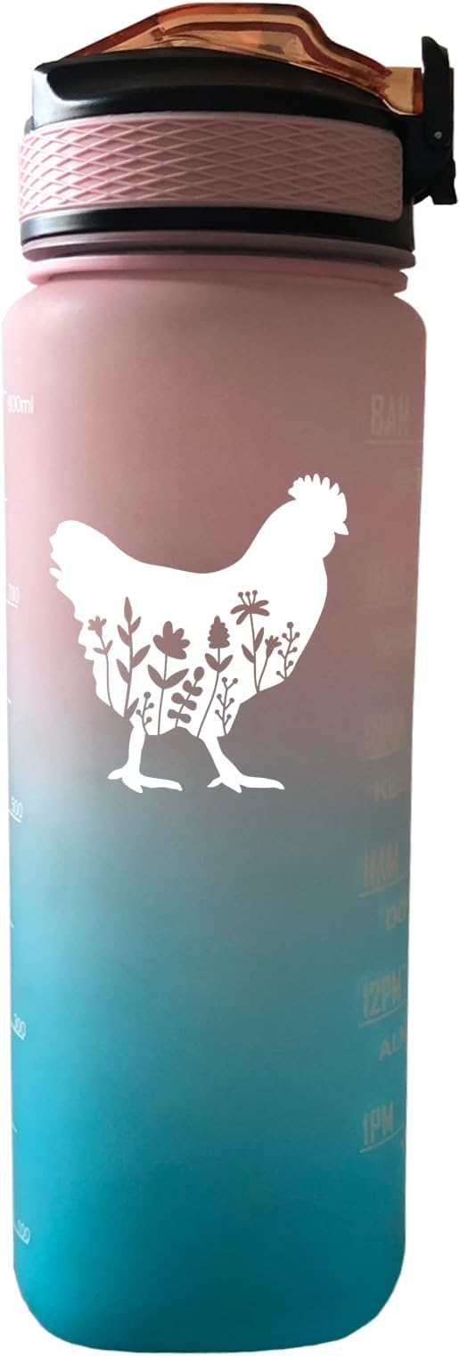 Floral Chicken Water Bottle with Straw, Carry Strap, LeakProof, Tritan BPA Free, 32 Oz Motivational Water Bottle with Time Marker to Ensure Drink Enough Water for Gym Fitness Outdoor