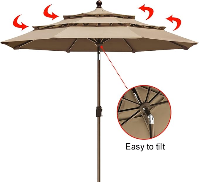 EliteShade USA 10-Year-Non-Fading 9Ft 3 Tiers Market Umbrella Patio Umbrella Outdoor Table Umbrella with Ventilation, Heather Beige