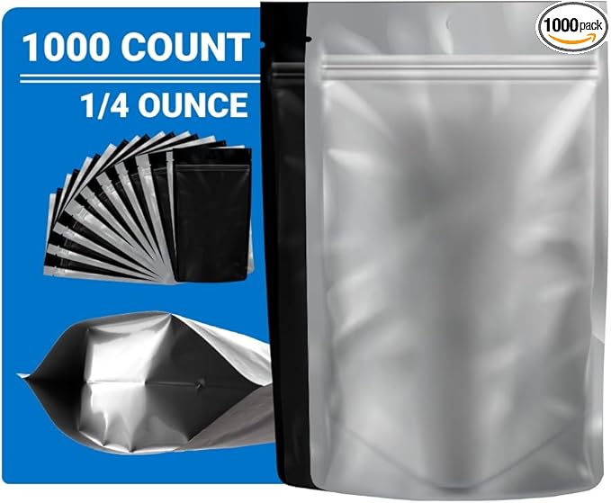 Mylar Bags Smell Proof 1/4 Ounce Black/Clear - 1000 Count 6.7" X 4" 6mill Thickness - Packaging Bags - Mylar Bags For Food Storage - Resealable Bags - Smell Proof Bags - Dispensary Packaging