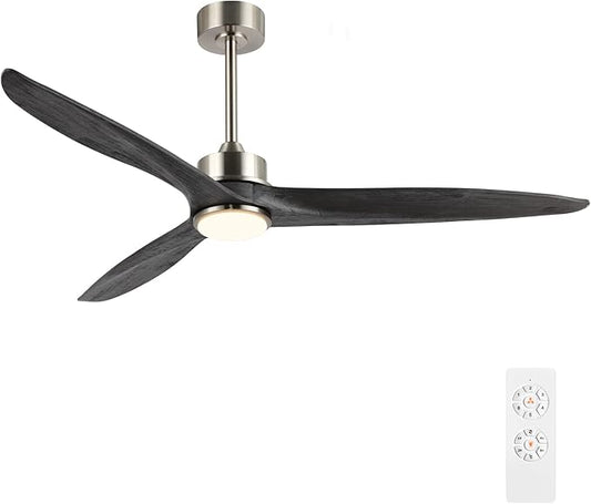 WINGBO 60 Inch DC Ceiling Fan with Lights and Remote Control, 3 Reversible Carved Wood Blades, 6-Speed Noiseless DC Motor, Modern Ceiling Fan in Brushed Nickel Finish with Gray Blades