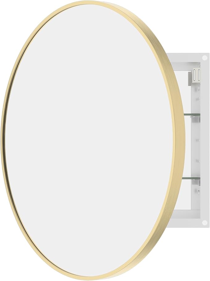 WallBeyond Bathroom Medicine Cabinet with Mirror, 24 Inch Gold Round Mirror Medicine Mabinet Wall Mounted with Aluminum Alloy Metal Framed, Surface Mount Medicine Cabinet with Storage