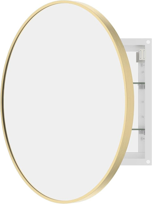 WallBeyond Bathroom Medicine Cabinet with Mirror, 24 Inch Gold Round Mirror Medicine Mabinet Wall Mounted with Aluminum Alloy Metal Framed, Surface Mount Medicine Cabinet with Storage