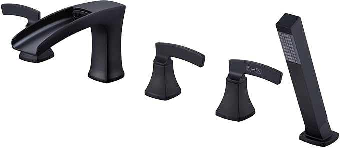 Roman Tub Faucet Waterfall Bathtub Faucet Black Deck Mount Tub Filler 5 Hole Brass Bathroom Faucets with Hand Shower