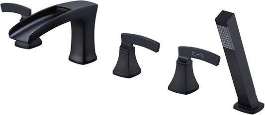 Roman Tub Faucet Waterfall Bathtub Faucet Black Deck Mount Tub Filler 5 Hole Brass Bathroom Faucets with Hand Shower