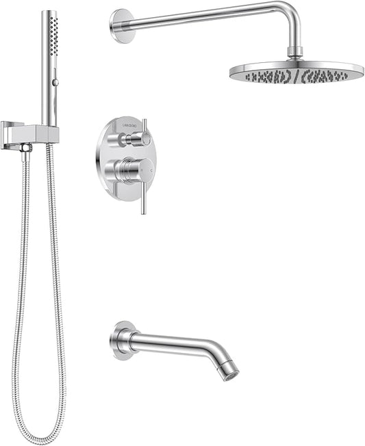 Lava Odoro Modern 3-Setting Round Rain Bathtub and Shower Faucet Set, Chrome Rainfall Shower Head and Handle Set, Rain Shower System with Tub Spout, Shower Valve Trim Kit, Chrome, SF104-C-T