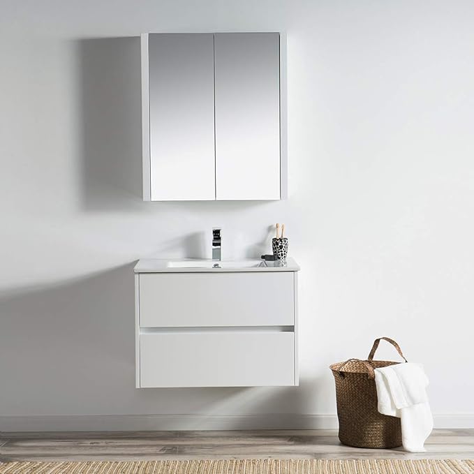 Blossom Single Bathroom Vanity with Ceramic Sink and Mirror Medicine Cabinet | All Wood Floating Vanity Cabinet | 2 Soft-Closing U-Shaped Cutout Drawers | 30 inch, Glossy White