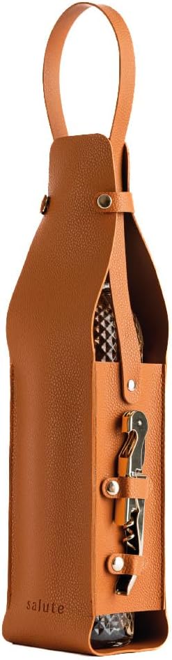 NEW Salute Wine Bottle Carrier with Corkscrew | Vegan Leather Tote Gift Bag Corporate Gift idea Picnic Travel Tastings Wine Gift Beach Party BYOB Restaurant Valentines Day (Tan)