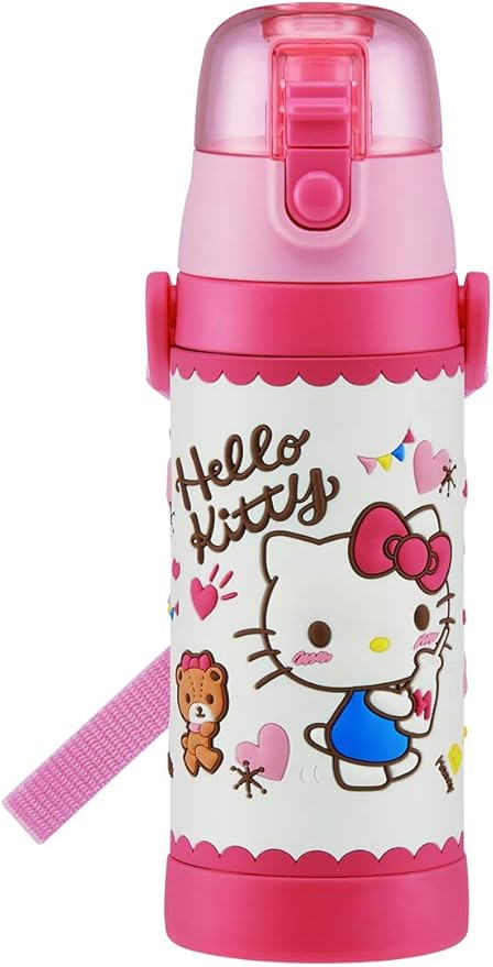 Skater SDPV5-A Children's Stainless Steel Water Bottle, Direct Drinking, 16.2 fl oz (480 ml), Kitty Snack Time, Kid-friendly Lightweight Type, For Girls, Cold Insulation, Sanrio, 3D Printed