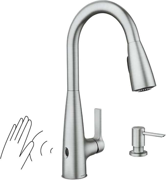 Moen Haelyn Spot Resist Stainless Touchless Single-Handle Pull-Down Sprayer Kitchen Faucet with Soap Dispenser, Features Power Clean for a Faster Wash, 87627EWSRS