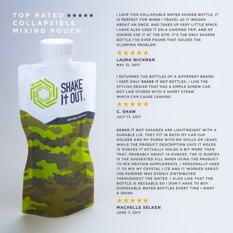 Shake It Out® is the on-the-go beverage container, better mixing, better tasting experience, disposable/recyclable. Compact, flexible design completely dissolves powder Supplements. (Camo, 7 Pack)