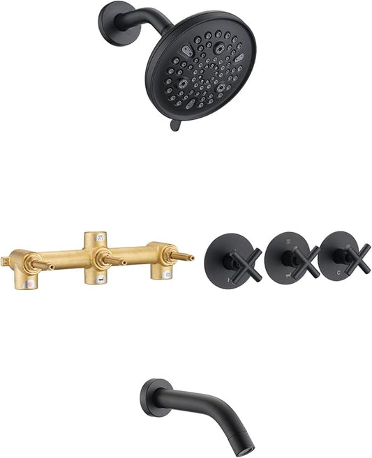 PROOX 3 Handle Tub Shower Faucet Set, 9-Setting Rainfall Shower Head with Tub and Shower Trim Kit with Rough-in Valve, Matte Black Bathtub Shower Faucets, Wall Mounted Bathroom Rain Shower System