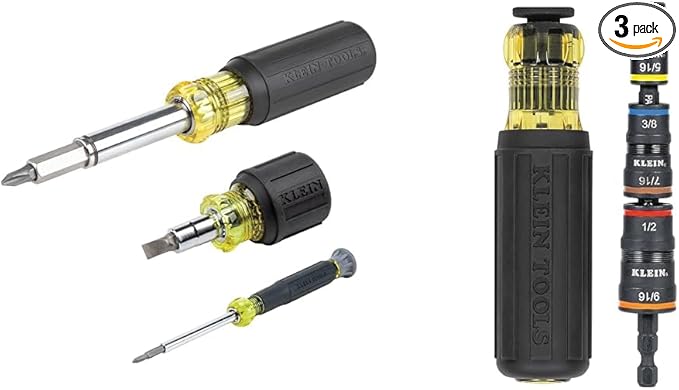Klein Tools 80045 11-in-1 Magnetic Screwdriver Set, 32910 7-in-1 Impact Flip Socket Set and Electronics Screwdrivers