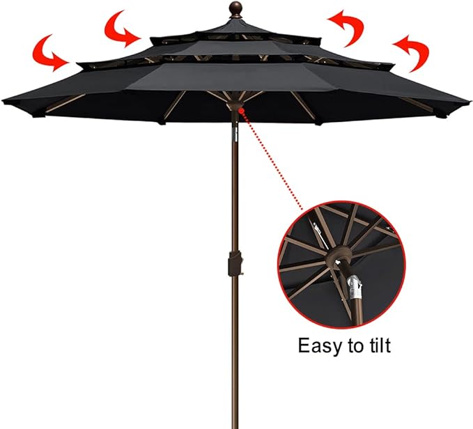 EliteShade USA 10-Year-Non-Fading 9Ft 3 Tiers Market Umbrella Patio Umbrella Outdoor Table Umbrella with Ventilation, Black